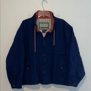 Stratojac Men's Navy Raincoat with Orange Accents Vintage Zip Up Snap Pockets HU